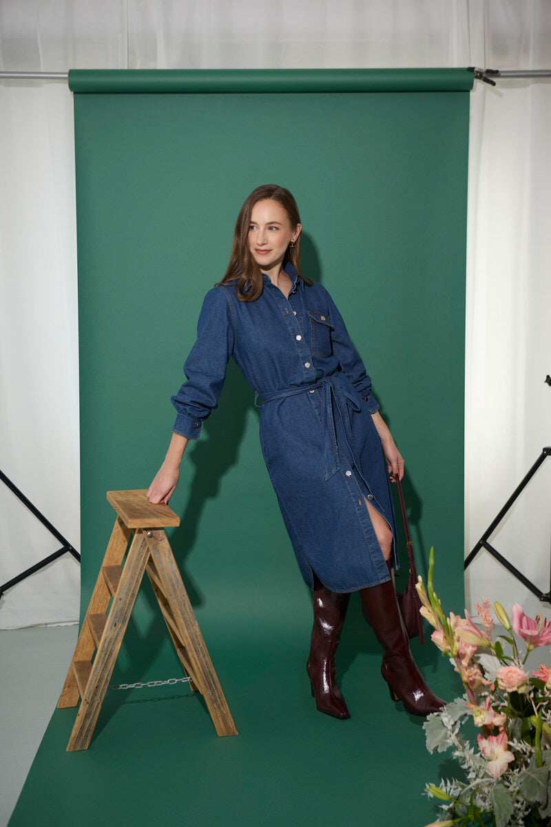 Women's petite utility style buttoned midi shirt dress with tie belt in dark blue denim
