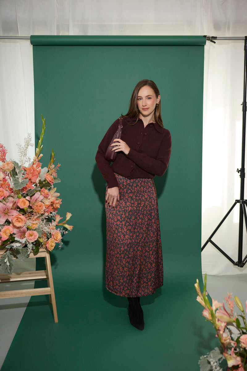 Women's petite midaxi slip skirt with side slit in floral print