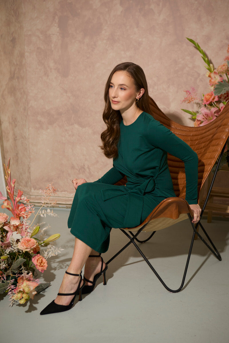 Women's petite tie-side jersey midi dress with long sleeves in dark green