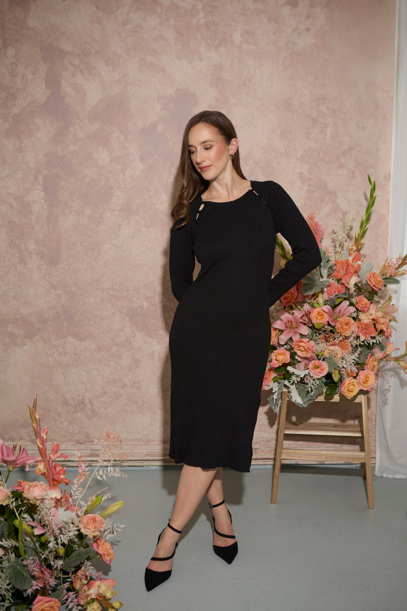 Women's petite button neckline ribbed knit midi dress in black