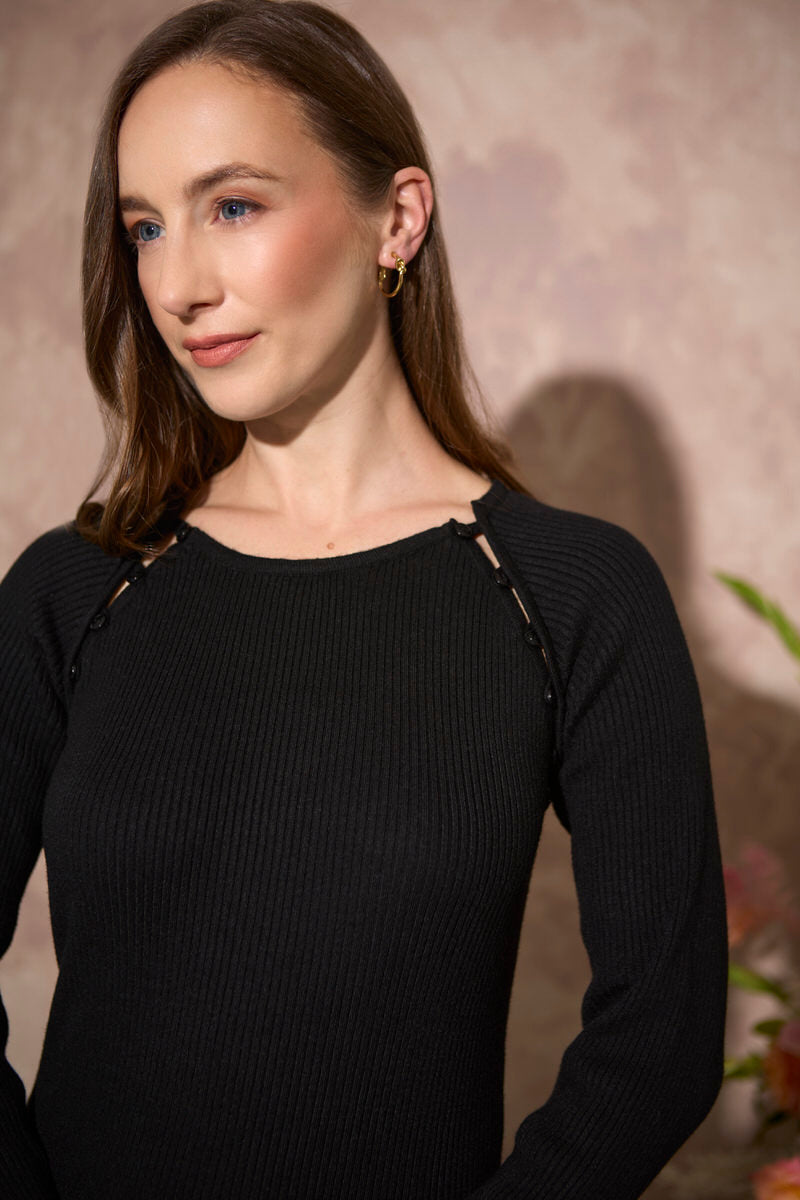 Women's petite button neckline ribbed knit midi dress in black