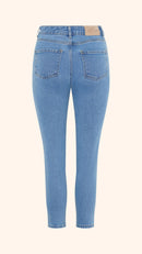 Slim, straight, high rise blue petite jeans, back view