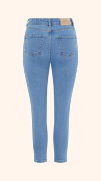 Slim, straight, high rise blue petite jeans, back view