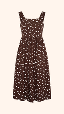Petite summer sun dress, midi length, brown abstract print