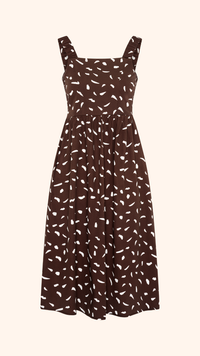 Petite summer sun dress, midi length, brown abstract print
