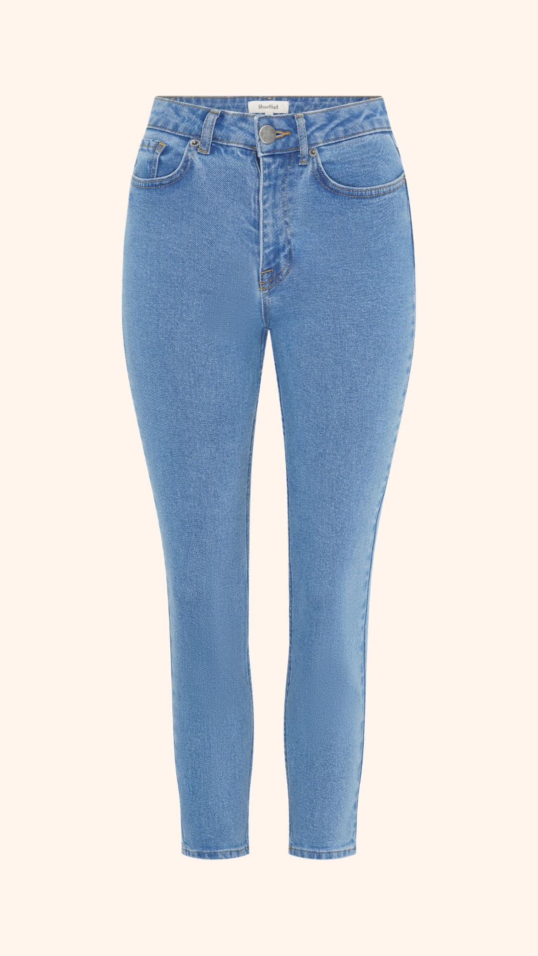 Slim, straight, high rise blue petite jeans, front view