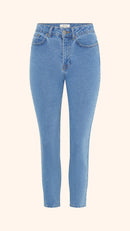 Slim, straight, high rise blue petite jeans, front view