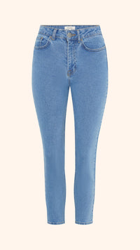 Slim, straight, high rise blue petite jeans, front view
