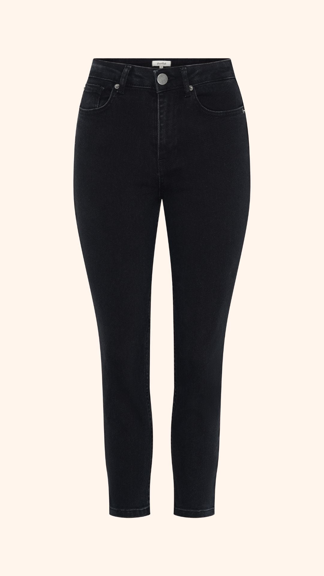 Slim, straight, high rise black petite jeans, front view