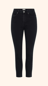 Slim, straight, high rise black petite jeans, front view