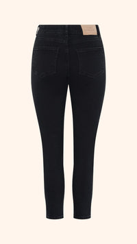 Slim, straight, high rise black petite jeans, back view