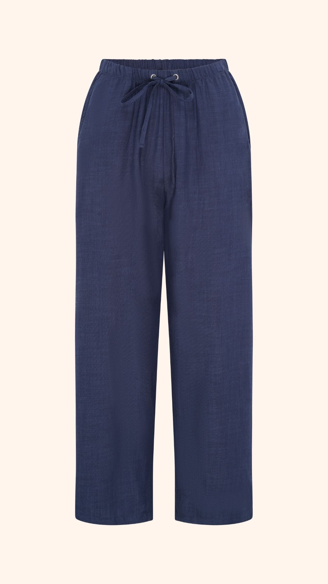 Wide leg, tie waist, navy casual summer petite trousers in linen and cotton