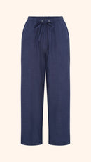 Wide leg, tie waist, navy casual summer petite trousers in linen and cotton
