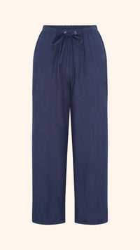 Wide leg, tie waist, navy casual summer petite trousers in linen and cotton