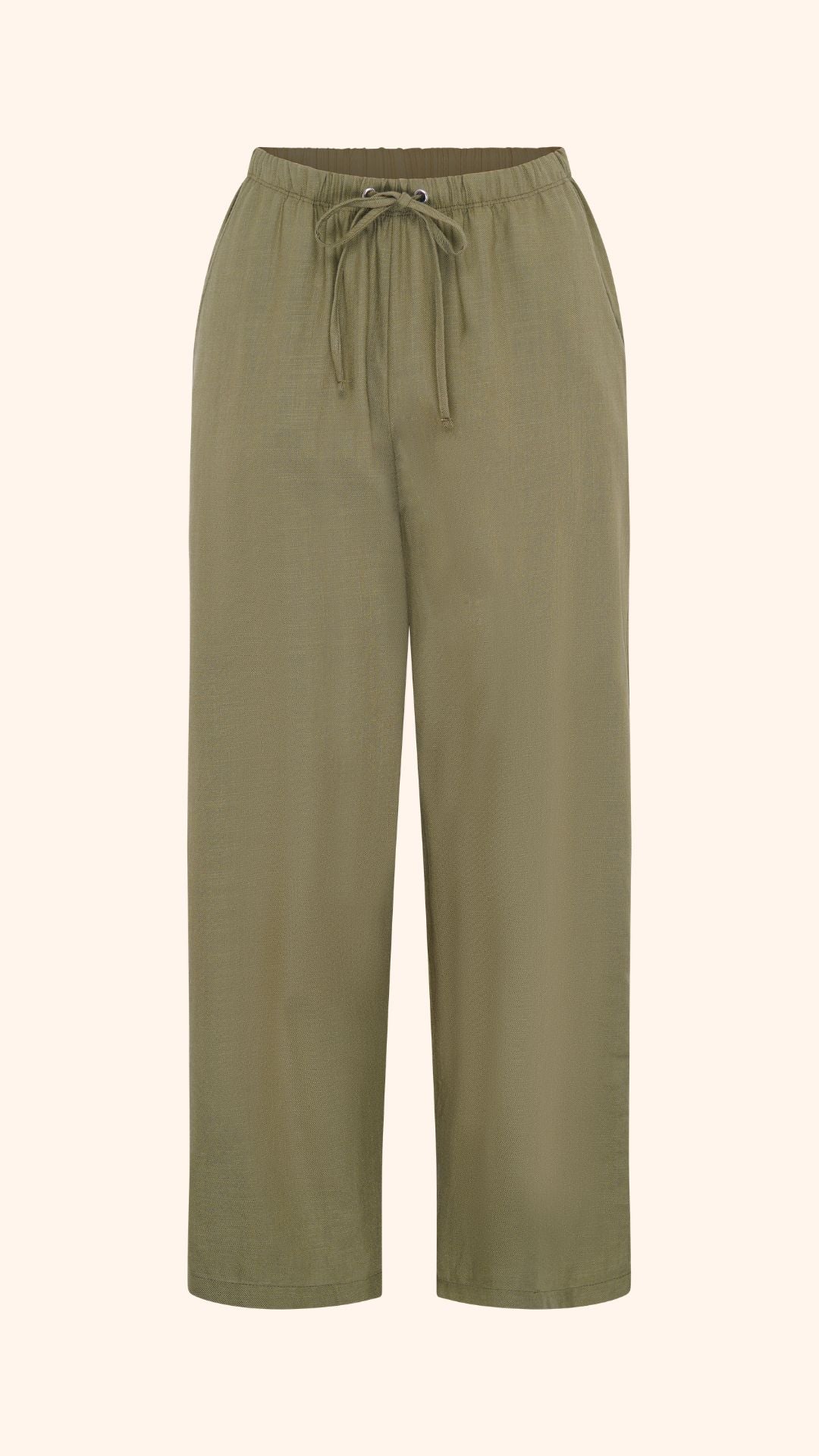 Wide leg, tie waist, khaki casual summer petite trousers in linen and cotton