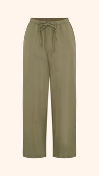 Wide leg, tie waist, khaki casual summer petite trousers in linen and cotton