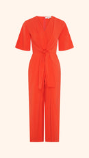 Wide leg, short sleeve petite jumpsuit in red with tie waist detail