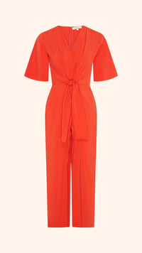 Wide leg, short sleeve petite jumpsuit in red with tie waist detail