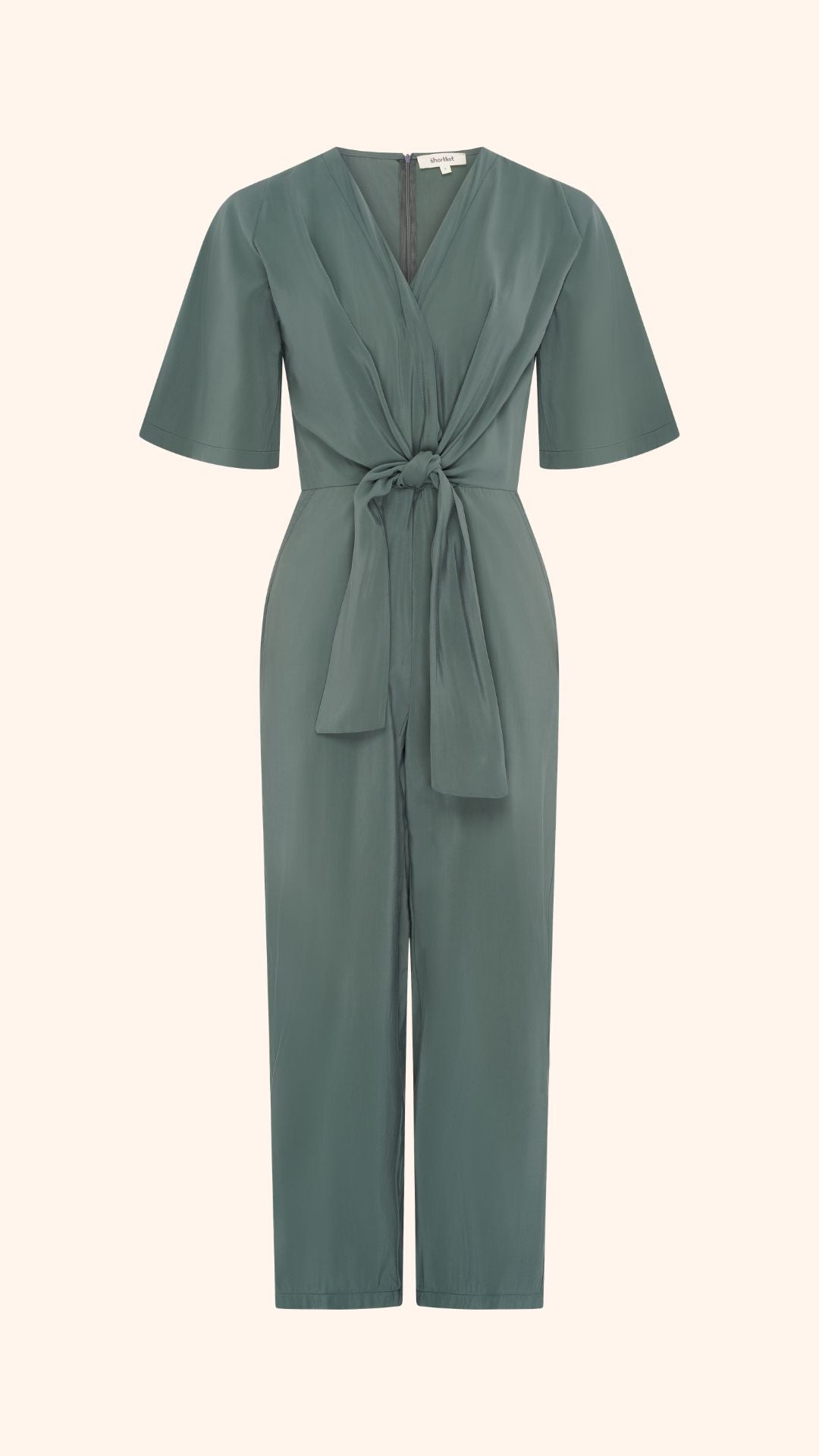 Wide leg, short sleeve petite jumpsuit in green with tie waist detail