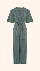 Wide leg, short sleeve petite jumpsuit in green with tie waist detail