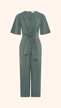 Wide leg, short sleeve petite jumpsuit in green with tie waist detail