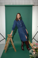 Women's petite utility style buttoned midi shirt dress with tie belt in dark blue denim