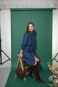 Women's petite utility style buttoned midi shirt dress with tie belt in dark blue denim