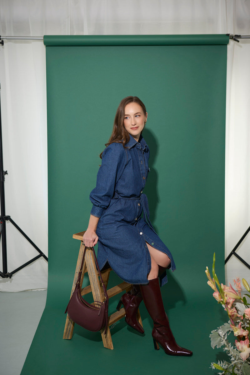 Women's petite utility style buttoned midi shirt dress with tie belt in dark blue denim