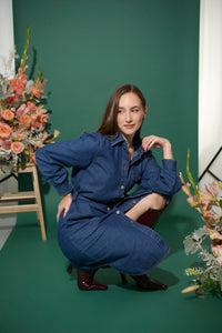 Women's petite utility style buttoned midi shirt dress with tie belt in dark blue denim