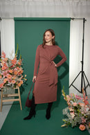 Women's petite tie-side jersey midi dress with long sleeves in brown