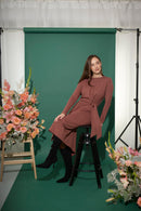 Women's petite tie-side jersey midi dress with long sleeves in brown