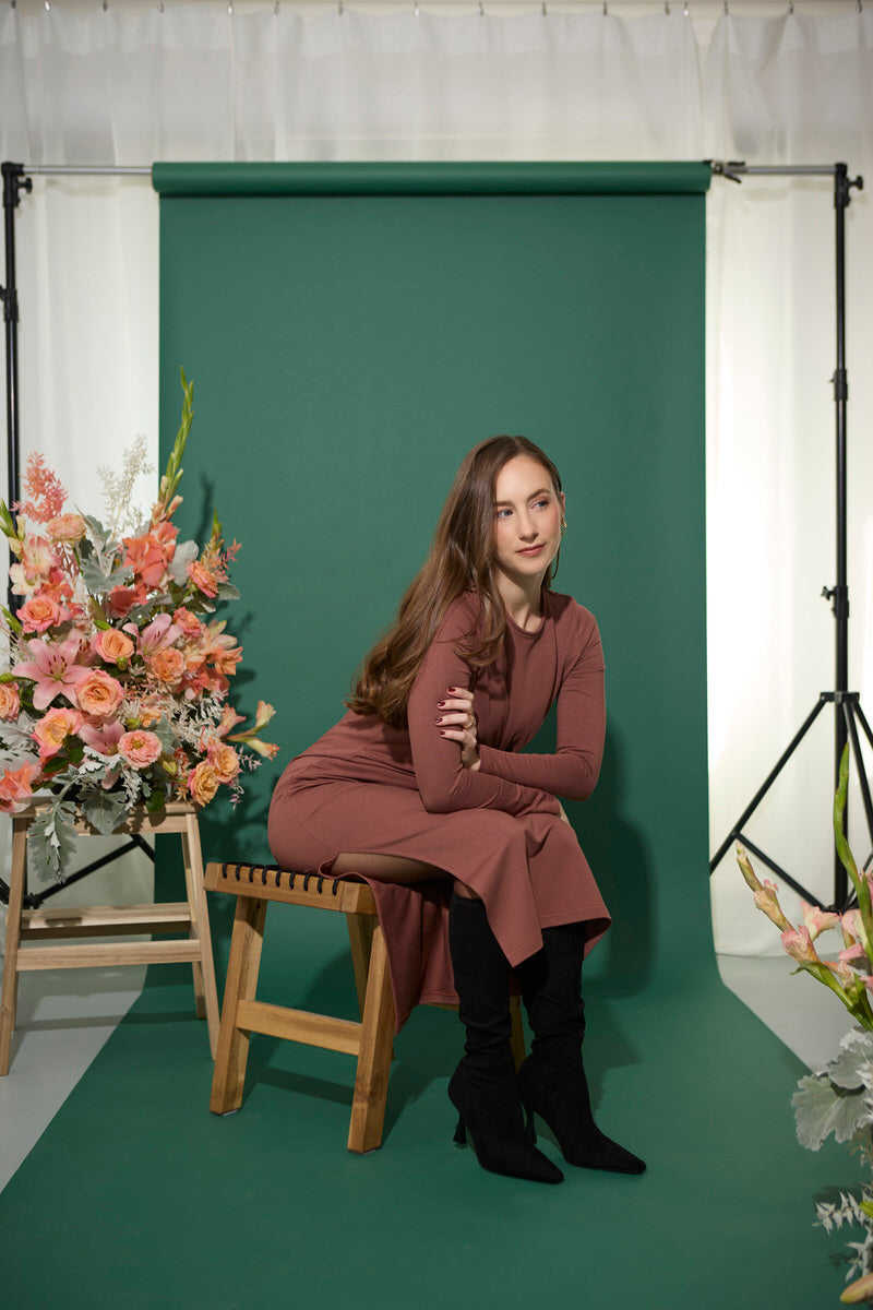 Women's petite tie-side jersey midi dress with long sleeves in brown