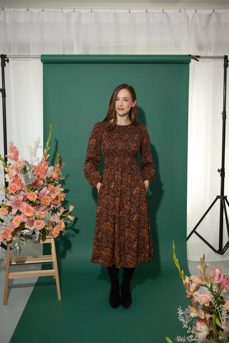 Women's petite autumn smocked midi dress with animal-inspired abstract print