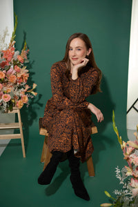 Women's petite autumn smocked midi dress with animal-inspired abstract print