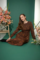 Women's petite autumn smocked midi dress with animal-inspired abstract print