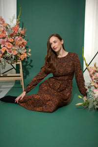 Women's petite autumn smocked midi dress with animal-inspired abstract print