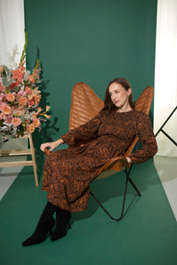 Women's petite autumn smocked midi dress with animal-inspired abstract print