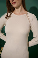 Women's petite button neckline ribbed knit midi dress in pale beige