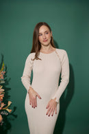 Women's petite button neckline ribbed knit midi dress in pale beige