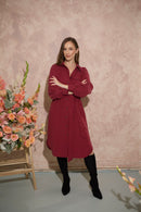 Women's petite utility style buttoned midi shirt dress with tie belt in crimson