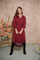 Women's petite utility style buttoned midi shirt dress with tie belt in crimson