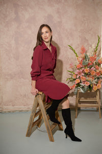 Women's petite utility style buttoned midi shirt dress with tie belt in crimson