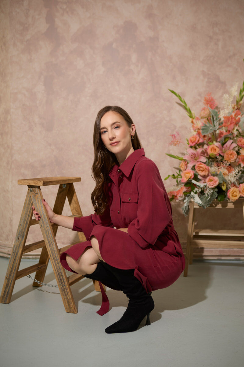 Women's petite utility style buttoned midi shirt dress with tie belt in crimson