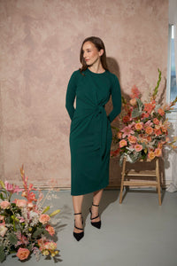 Women's petite tie-side jersey midi dress with long sleeves in dark green