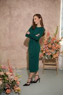 Women's petite tie-side jersey midi dress with long sleeves in dark green