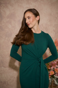 Women's petite tie-side jersey midi dress with long sleeves in dark green