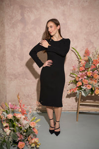 Women's petite button neckline ribbed knit midi dress in black