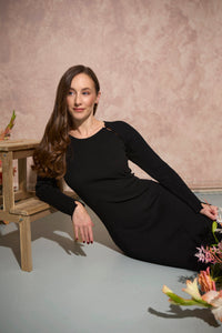 Women's petite button neckline ribbed knit midi dress in black