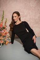 Women's petite button neckline ribbed knit midi dress in black