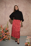 Women's petite midaxi slip skirt with side slit in coral haze abstract print